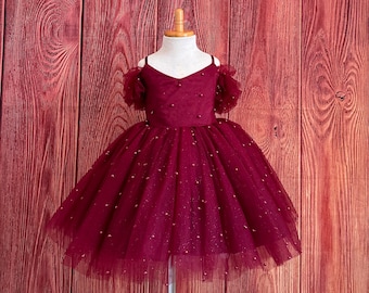 Burgundy Pearl Tulle Wedding Flower Girl Summer Off The Shoulder Knee Length Birthday Pageant Fall Infant Toddler Junior Girl Dress