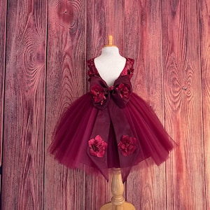 Burgundy 3D Floral V-Back Knee Length 4 Layer Tulle Wedding Elegant Flower Girl Summer Fall Birthday Trendy Princess Pageant Girl Dress