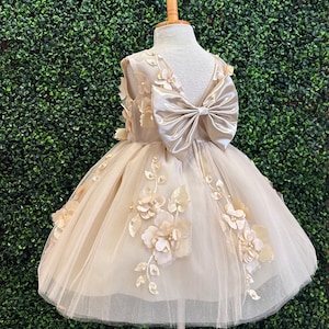 Champanhe 3D Floral 4 Camadas Tule Comprimento Joelho V-Back Casamento Verão Páscoa Concurso Aniversário Princesa Trendy Photoshoot Vestido Da Menina Da Flor