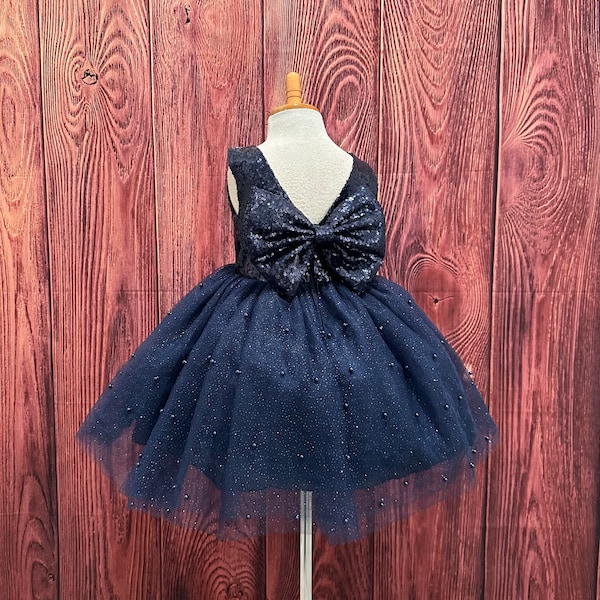 Star Sequins Tulle Knee-length Blue Girl Dress