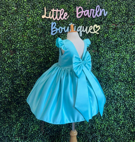 Flower Girl Elegant Satin Aqua V-Back Big Bow Wedding Knee Length Easter  Spring Birthday Summer Infant Toddler Junior Girly Girl Dress