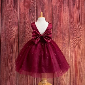 Burgundy Tulle V-Back Knee Length Flower Girl Fall Pageant Wedding Infant Toddler Summer Princess Holiday Photoshoot Dress Up Girl Dress