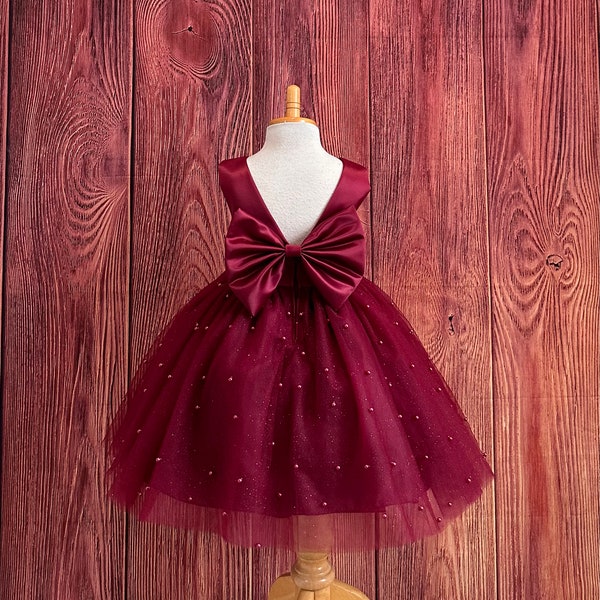 Tulle bordeaux dos en V longueur genou fille de fleur automne reconstitution historique mariage bébé tout-petit été princesse vacances séance photo habiller robe de fille