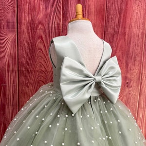 Sage Tulle Elegant V-Back Pearl Knee Length Wedding Flower Girl Birthday Trendy Church Summer Fall Big Bow Infant Toddler Junior Girl Dress image 3