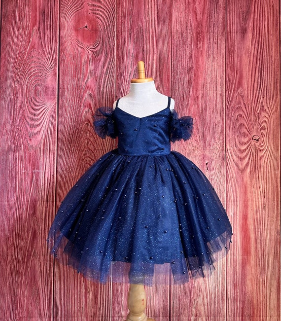 Navy Blue Pearl Tulle Wedding Flower Girl Summer off the Shoulder Knee Length Birthday Pageant Fall Infant Toddler Junior Girl Dress Etsy
