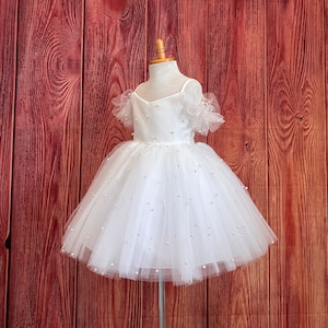 Ivory Pearl Tulle Knee Length Elegant Flower Girl Off The Shoulder Summer Wedding Birthday Pageant Infant Toddler Junior Graduation Dress