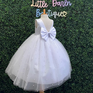 Vestido elegante de tul blanco perlado con escote en V hasta los tobillos con lazo grande para niña de las flores, para boda, verano, Pascua, comunión, bautismo