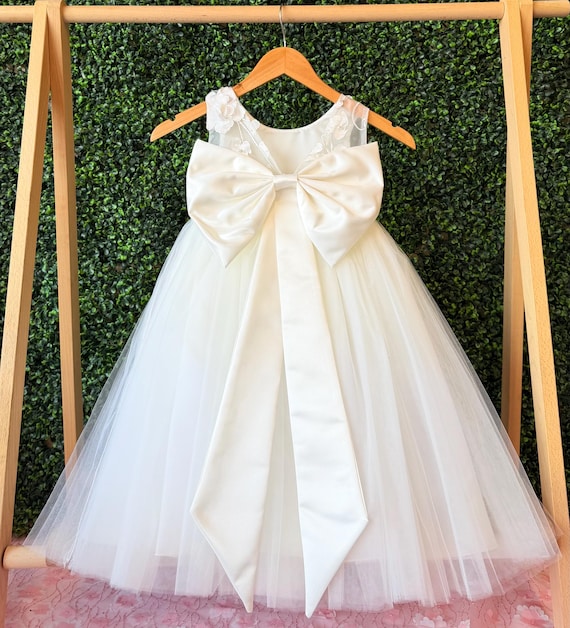 Flower Girl Ivory Tulle Satin V-back Ankle Floral Bridesmaids Toddler Junior Dress