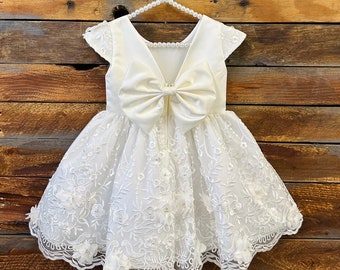 Ivory V-Back Lace Embroidery Cap Sleeve Knee Length Communion Wedding Flower Girl Bridesmaid Baptism Summer Infant Toddler Girl Dress
