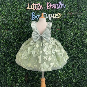 Sage 3D Floral Knee Length Collar V-Back Wedding Flower Girl Easter Spring Summer Infant Toddler Junior Girl Birthday Pageant Trendy Dress