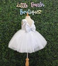 White 4 Layer Pearl Tulle Elegant Wedding Winter Communion Baptism Birthday Flower Girl V-Back Knee Length Pageant Infant Toddler Girl Dress