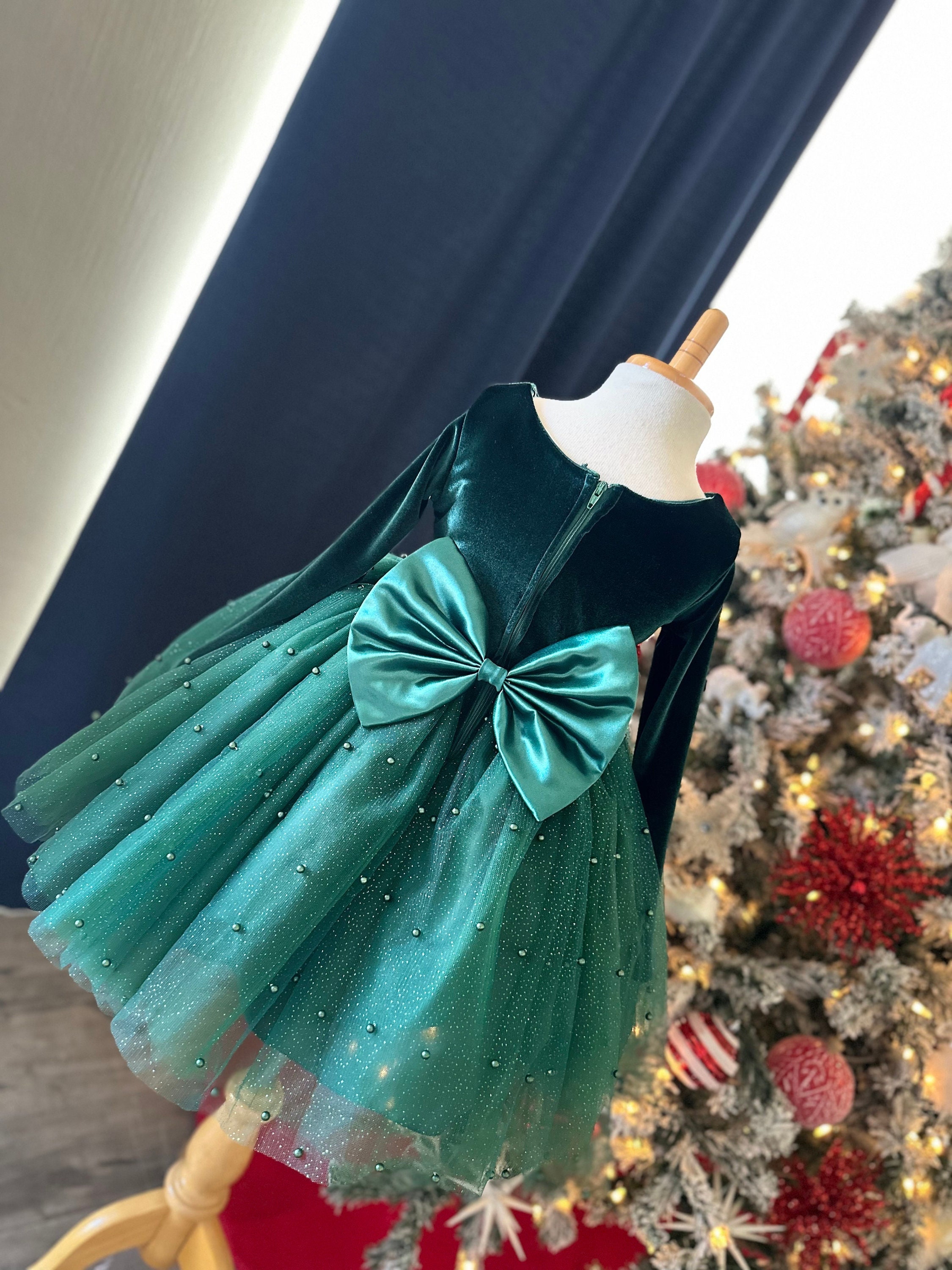 slim fit dress slacks Saloni | Camille Velvet Embellished Bows Dress in Green main image 0