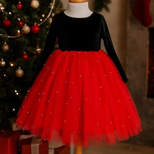Black Velvet Red Pearl Tulle Knee Length Long Sleeve Elegant Wedding Flower Girl Fall Winter Holiday Christmas Photoshoot Birthday Dress