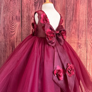 Burgundy 3D Beaded Lace Flower Tulle Off Shoulder Wedding Flower Girl Dress