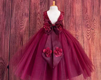 Burgundy Sleeves 3D Floral V-Back Ankle Length 4 Layer Tulle Wedding Flower Girl Elegant Bridesmaids Birthday Princess Fall Girl Dress