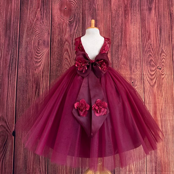 Burgundy Sleeves 3D Floral V-Back Ankle Length 4 Layer Tulle Wedding Flower Girl Elegant Bridesmaids Birthday Princess Fall Girl Dress