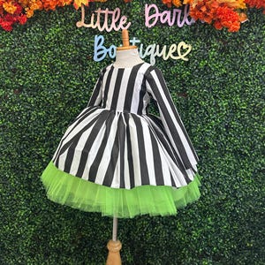 Halloween Long Sleeve Black & White Costume Birthday Gothic Spooky Knee Length Green Trendy Movie Tulle Toddler Cosplay Junior Girl Dress