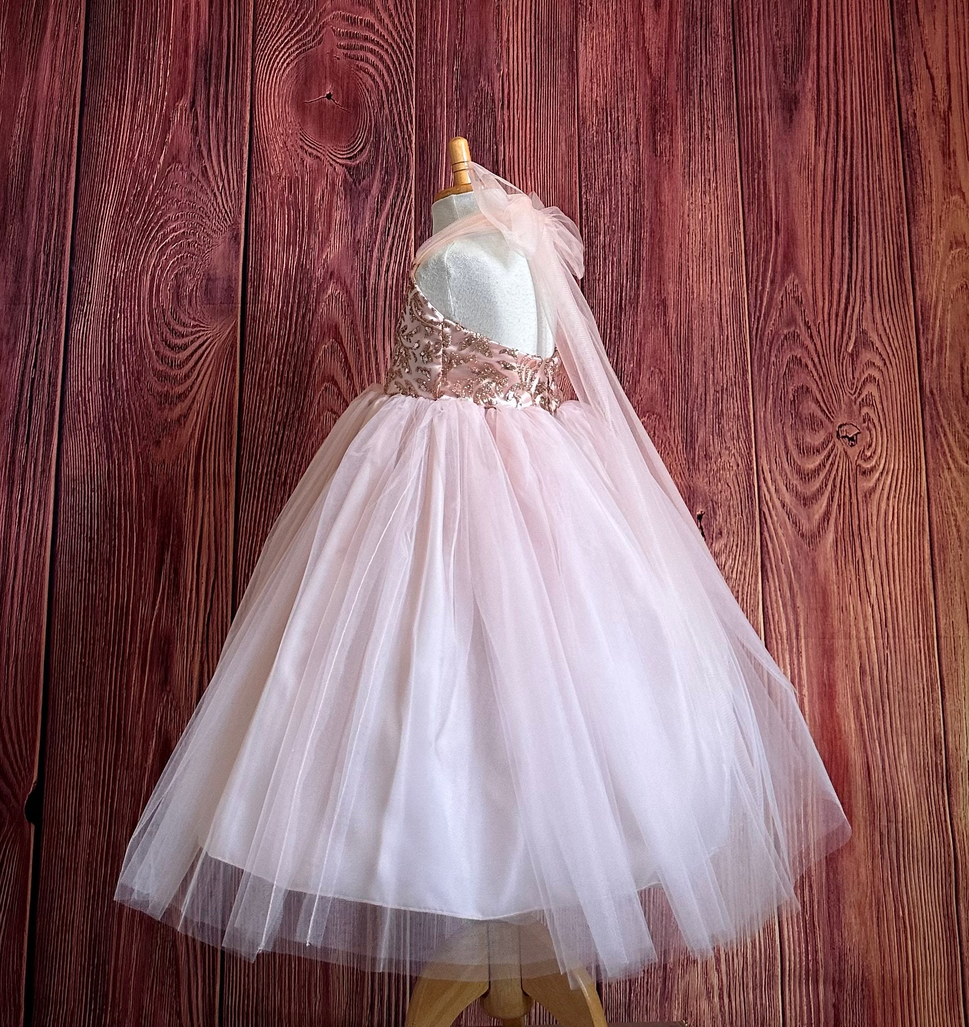 Rose Gold Tulle Heart Shape Wedding Flower Girl Pageant Photoshoot Chic Ankle Length Birthday Princess Ball Gown Infant Toddler Girl Dress