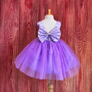 Lilac Pearl Tulle Knee Length V-Back Flower Girl Summer Wedding Birthday Toddler Girl Pageant Trendy Big Bow Spring Holiday Dress