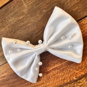 White Pearl Tulle 4inch Big Bow Satin Flower Girl Wedding Baptism Church Elegant Summer Fall Hair Accessory Toddler Junior Hair Piece