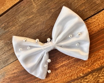 White Pearl Tulle 4inch Big Bow Satin Flower Girl Wedding Baptism Church Elegant Summer Fall Hair Accessory Toddler Junior Hair Piece