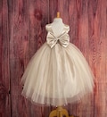 Champagne Pearl Tulle V-Back Ankle Length Wedding Flower Girl Summer Fall Birthday Bridesmaid Dress
