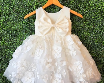Ivory Floral Baptism Baby V-Back Satin Flower Girl Toddler Knee Length Dress