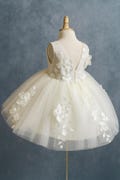 Ivory Floral Embroidery Tulle V-Back Classic Flower Girl Wedding Communion Baptism Birthday Church Toddler Girl Summer Infant Girl Dress