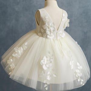 Ivory Floral Embroidery Tulle V-Back Classic Flower Girl Wedding Communion Baptism Birthday Church Toddler Girl Summer Infant Girl Dress