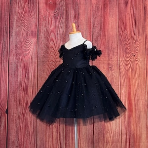 Negro perla tul hasta la rodilla boda de verano niña de las flores desfile cumpleaños fuera del hombro bebé niño elegante vestido de moda juvenil