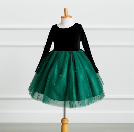 Hunter Green Pearl Knee Length Velvet Long Sleeve Elegant Wedding Flower Girl Fall Winter Holiday Christmas Photoshoot Birthday Girl Dress