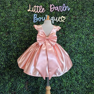 Flower Girl Elegant Peach Satin V-Back Big Bow Wedding Knee Length Easter Spring Birthday Summer Infant Toddler Junior Girly Girl Dress