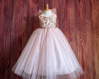 Rose Gold 4 Layer Tulle Heart Shape Ankle Length Wedding Flower Girl Summer Photoshoot Big Bow Birthday Princess Ball Gown Girl Dress