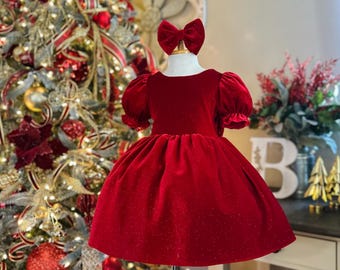 Christmas Red Sparkly Velvet Puffy Sleeves Knee Length Winter Birthday Infant Toddler Junior Dress
