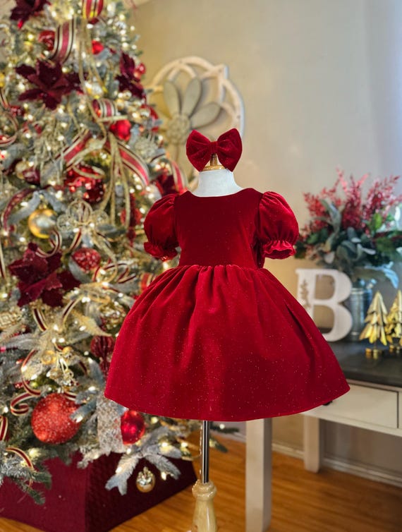Christmas Red Sparkly Velvet Puffy Sleeves Knee Length Winter Birthday Infant Toddler Junior Dress
