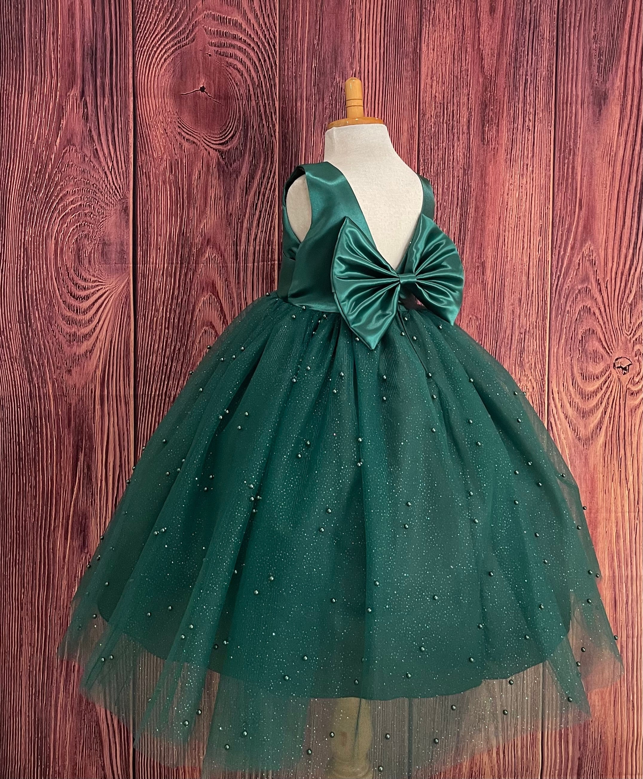 Hunter Green Pearl Tulle Ankle Length V-Back Fall Winter Christmas Holiday Photoshoot Princess Ball Gown Toddler Junior Girl Wedding Dress