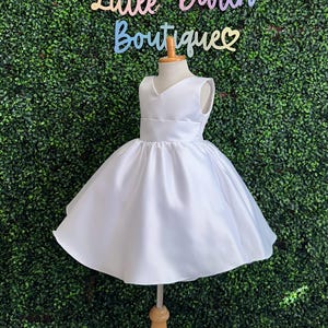 Flower Girl White Baptism Satin Girly Trendy Church Toddler Junior Communion Wedding Bridesmaids Sophisticated Stylish Twirl Knee Sleeveless