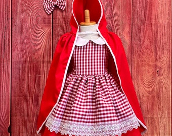 Red Cosplay Costume Halloween Dress Up Birthday Infant Toddler Junior School Play Photoshoot Knee Length Dress W/Red Cape & Hair bow Clip