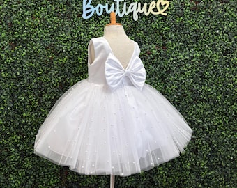 Flower Girl White 4 Layer Pearl Tulle V-Back Knee Length Wedding Communion Baptism Summer Easter Birthday Girl Princess Trendy Classic Dress