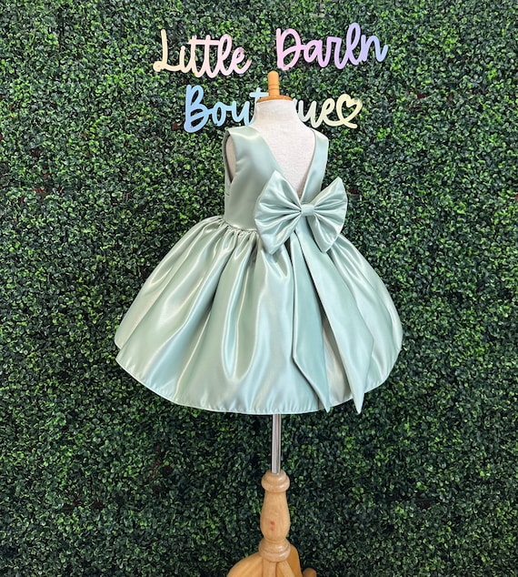 Sage Satin Knee Length V-Back Wedding Flower Girl Bridesmaids Toddler Junior Dress