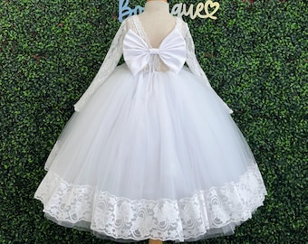 Vestido de novia blanco vintage con encaje floral para invierno, para niña de las flores, con espalda en V y tobillo, para cumpleaños, comunión, bautismo, para niña pequeña.
