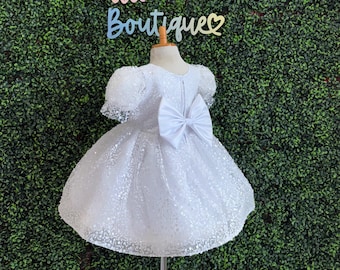 White Sparkly Pearl Sequin Tulle Puffy Sleeve Elegant Flower Girl Bridal Baptism Communion Toddler Junior Birthday Princess Pageant Dress