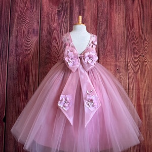 Dusty Rose V-Back Sleeves Floral Embroidery Tulle Ankle Length Summer Spring Flower Girl Wedding Birthday Princess Ball Gown Pageant Dress