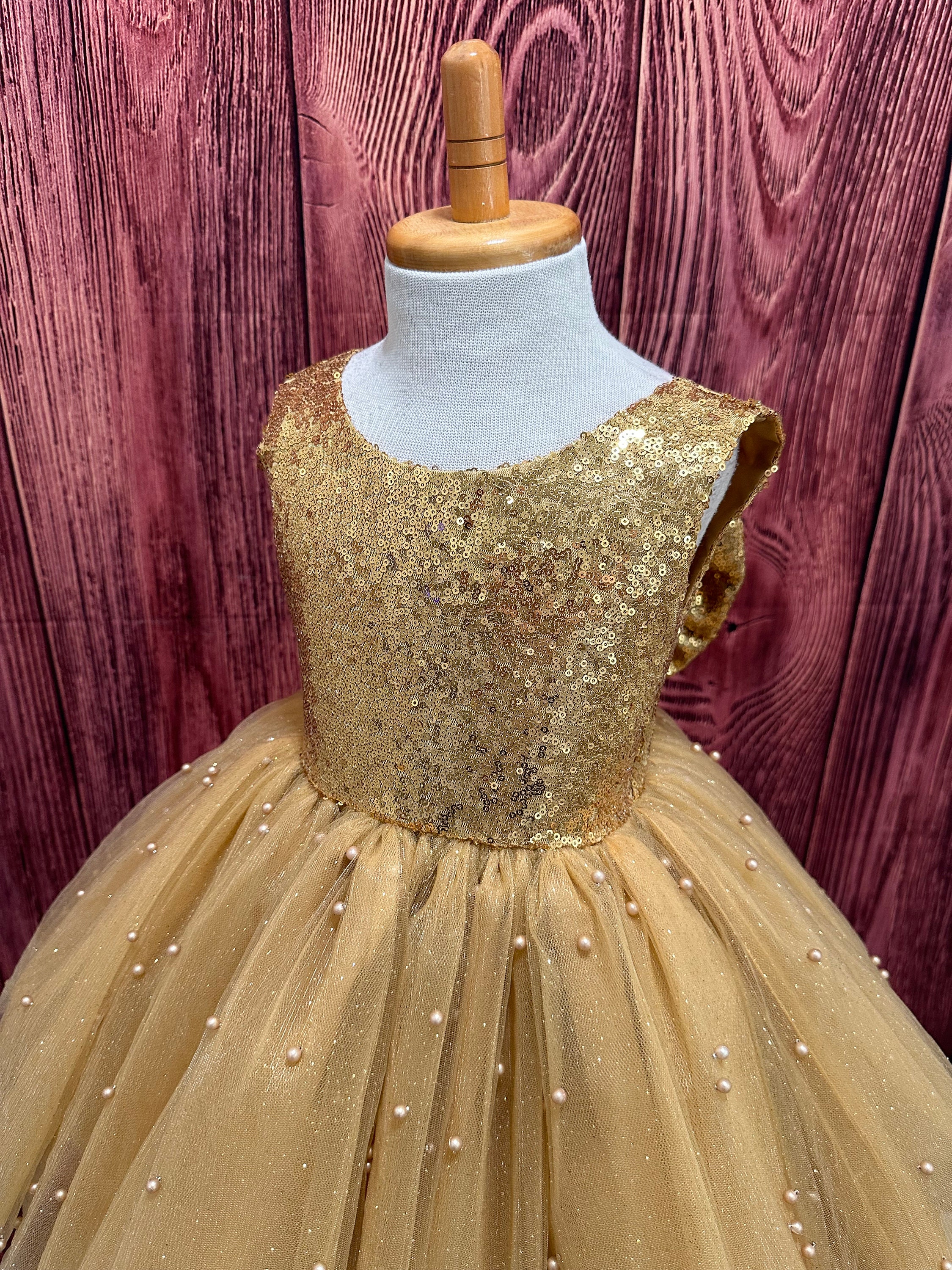 Gold Sequin Pearl Tulle Knee Length V-Back Wedding Flower Girl Summer Holiday Toddler Junior Dress