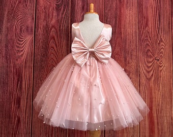 Blush Pearl Tulle V-Back Knee Length Flower Girl Wedding Summer Easter Spring Holiday Pageant Birthday Girl Trendy Princess Toddler Dress