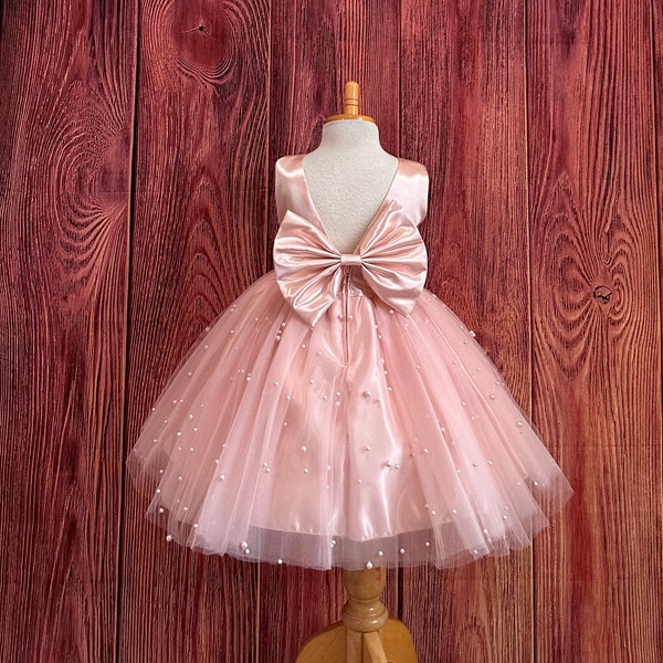 Blush Pearl Tulle V-Back Knee Length Flower Girl Wedding Summer Easter Spring Holiday Pageant Birthday Girl Trendy Princess Toddler Dress