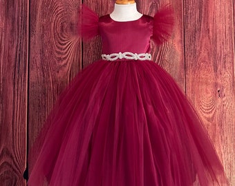 Burgundy Fall Thanksgiving Elegant Tulle Flower Girl Wedding Pageant Birthday Princess Girl Church Photoshoot Infant Girl Ankle Length Dress