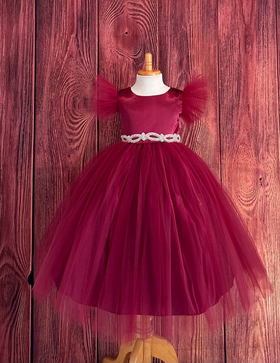 Burgundy Fall Thanksgiving Elegant Tulle Flower Girl Wedding Pageant Birthday Princess Girl Church Photoshoot Infant Girl Ankle Length Dress Burgundy Fall Thanksgiving Elegant Tulle Flower Girl Wedding Pageant Birthday Princess Girl Church Photoshoot Infant Girl Ankle Length Dress