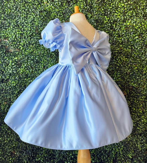 Flower Girl Baby Blue Satin Puffy Sleeves Bridal Knee Length Toddler Junior V-Back Dress