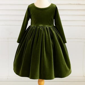 Olive Green Long Sleeve Velvet Christmas Fall Summer Wedding Birthday Girl V- Back Church Photoshoot Infant Toddler Girl Ankle Length Dress